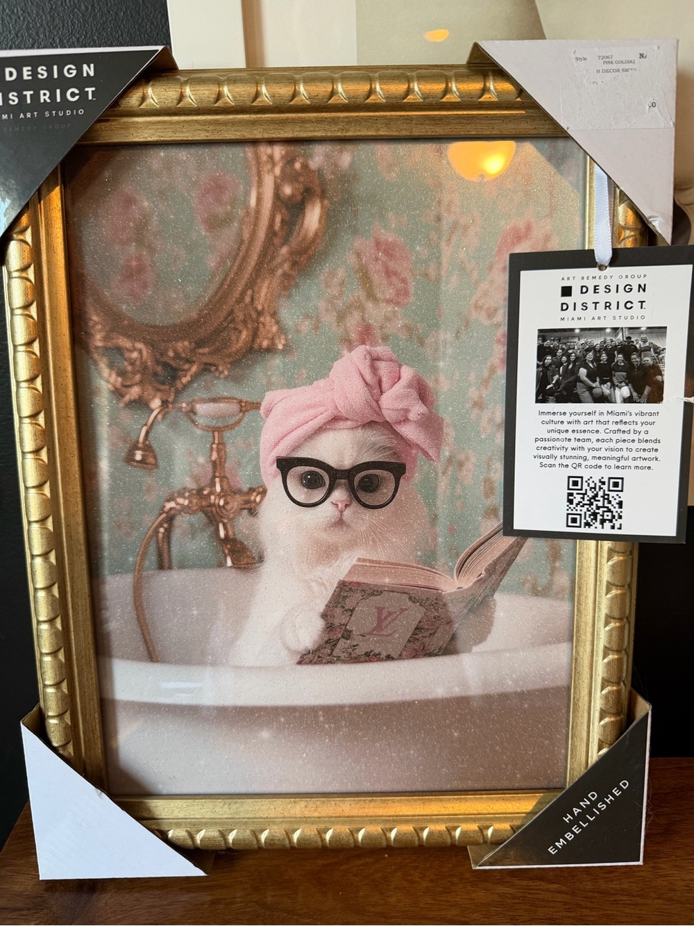 Design District Gold-Framed Cat Glitter LV Bath Art